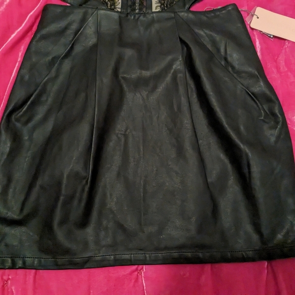 Three Floor Vegan Leather Little Black Mini Dress w/ Lace Detail - Picture 4 of 7